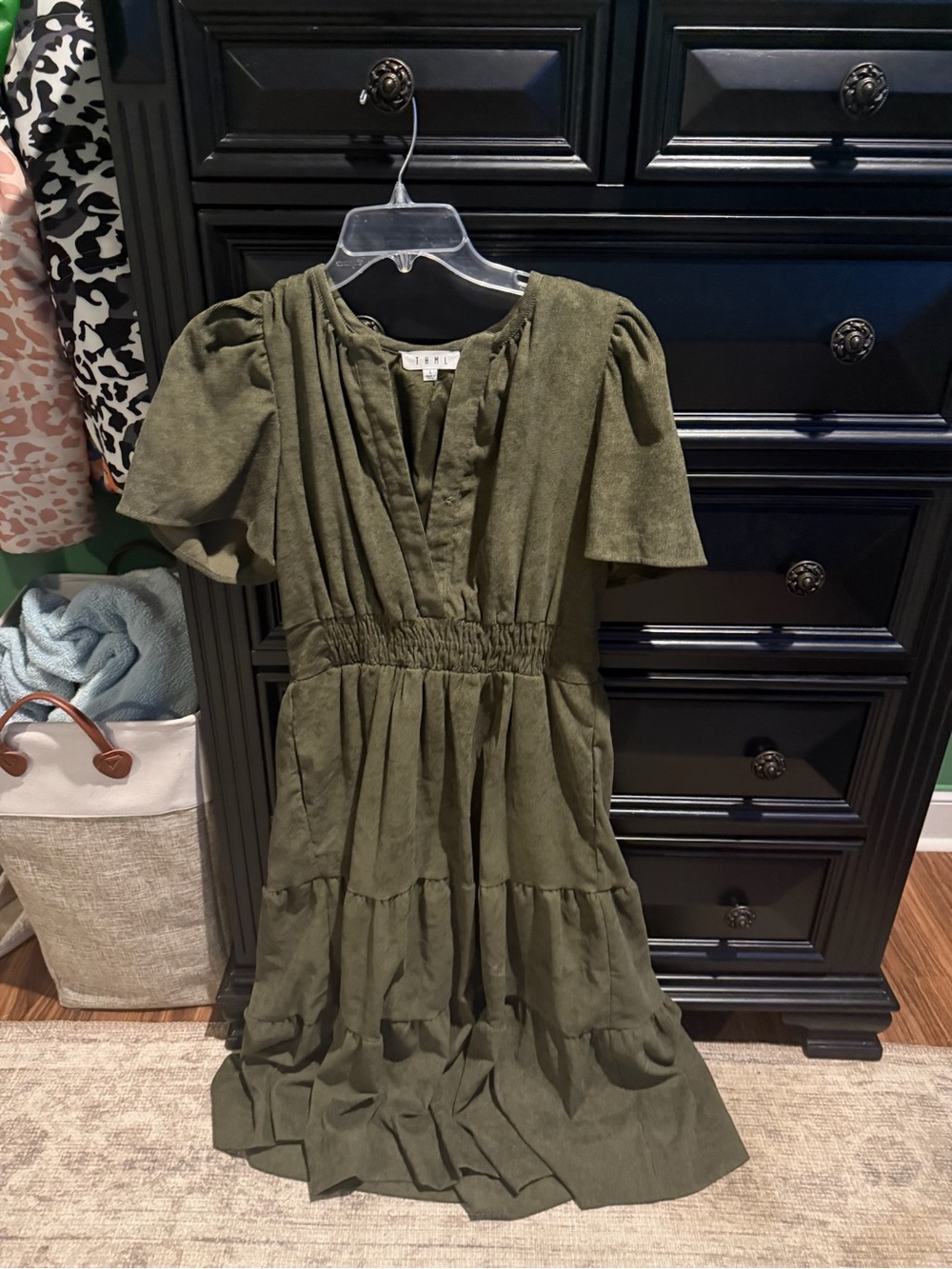 THML Olive Green Tiered V-Neck Midi Dress